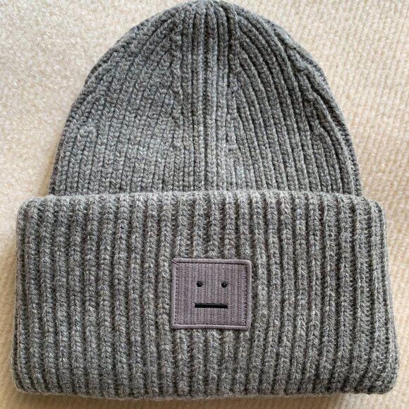 Acne Studios Pansy Face Beanie Gray Wool Hat - Picture 1 of 4